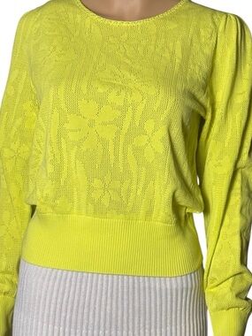 Banjanan Chartreuse Floral Jacquard Knit Sweater Cotton Blend Size M